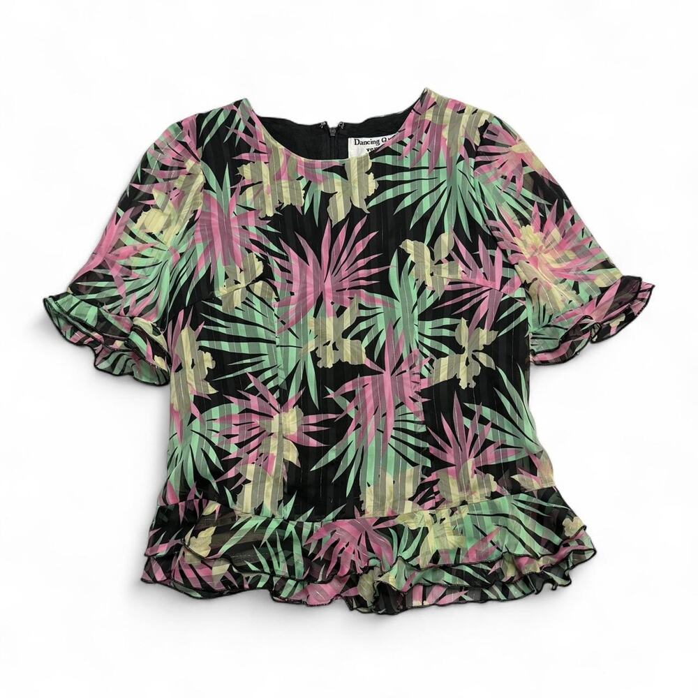 Dancing Queen Versalle 3/4 sleeve blouse beige tropical leaf print black Size 38 - Picture 6 of 7